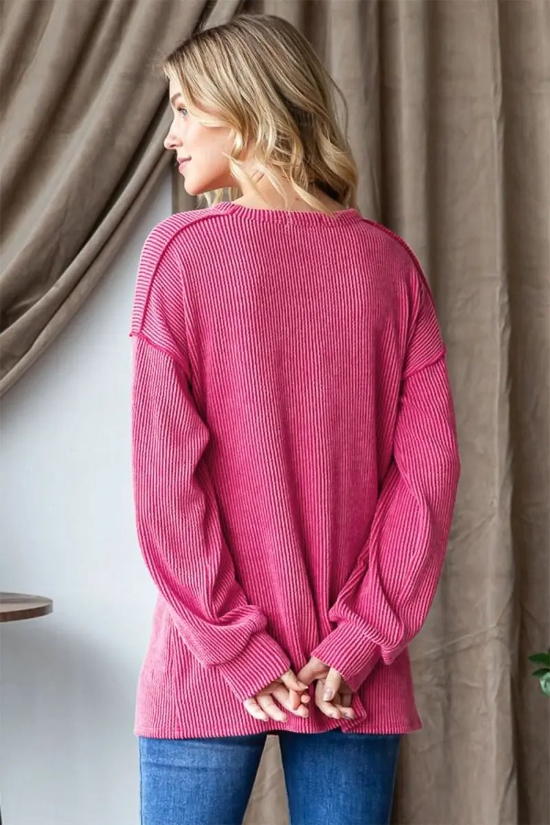 Heimish Ribbed Exposed Seam Long Sleeve T-Shirt - Love Salve
